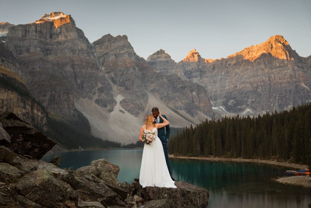 Sunrise elopement at Moraine Lake in Banff
